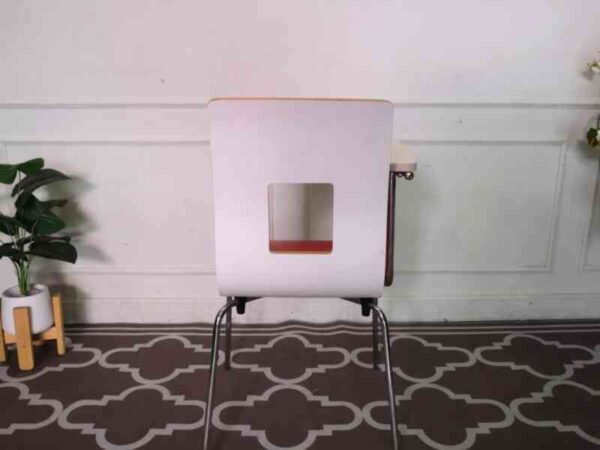 Red wooden lecture chair, white wooden writing board, steel legs.