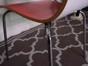 Red wooden lecture chair, white wooden writing board, steel legs.