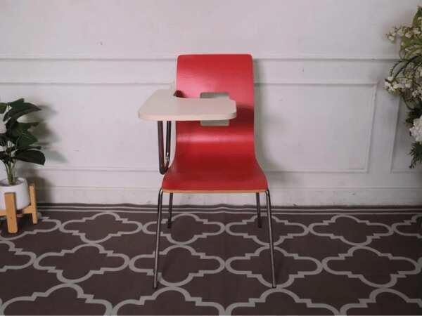 Red wooden lecture chair, white wooden writing board, steel legs.