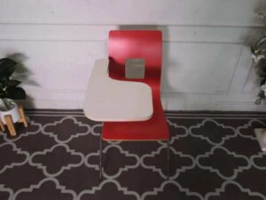Red wooden lecture chair, white wooden writing board, steel legs.