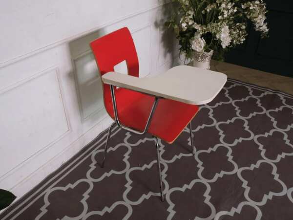 Red wooden lecture chair, white wooden writing board, steel legs.