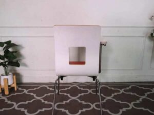 Red wooden lecture chair, white wooden writing board, steel legs.