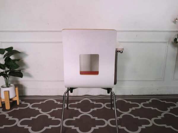 Red wooden lecture chair, white wooden writing board, steel legs.