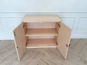 Cabinet for storing documents or items, two-door cabinet, light brown wooden frame.