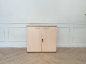 Cabinet for storing documents or items, two-door cabinet, light brown wooden frame.