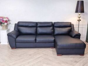 3 seat L sofa, leather seats, wooden frame, black.