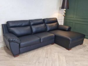 3 seat L sofa, leather seats, wooden frame, black.