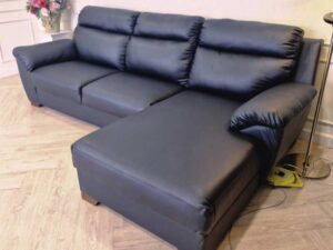 3 seat L sofa, leather seats, wooden frame, black.