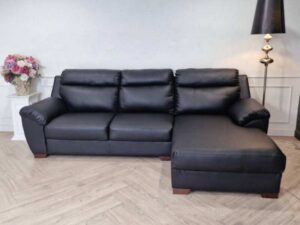 3 seat L sofa, leather seats, wooden frame, black.