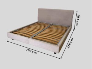 Bed 6 feet, covered with cream-colored fabric. **Only the bed, mattress already sold**