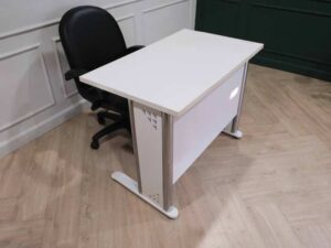Desk computer steel frame wooden top white stable.