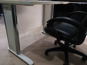 Desk computer steel frame wooden top white stable.