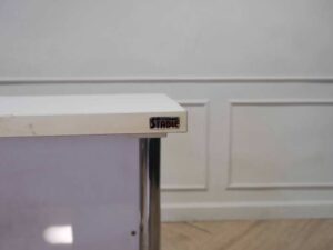 Desk computer steel frame wooden top white stable.