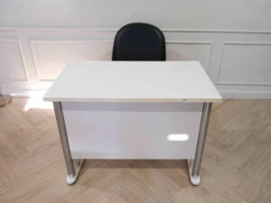 Desk computer steel frame wooden top white stable.