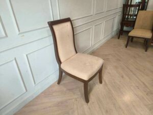 Elegant Wooden Dining Chair with Cream Upholstered Seat, Thai Floral Jacquard Fabric