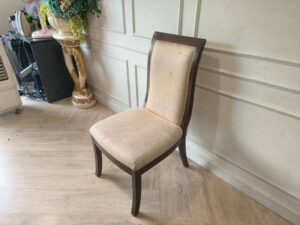 Elegant Wooden Dining Chair with Cream Upholstered Seat, Thai Floral Jacquard Fabric