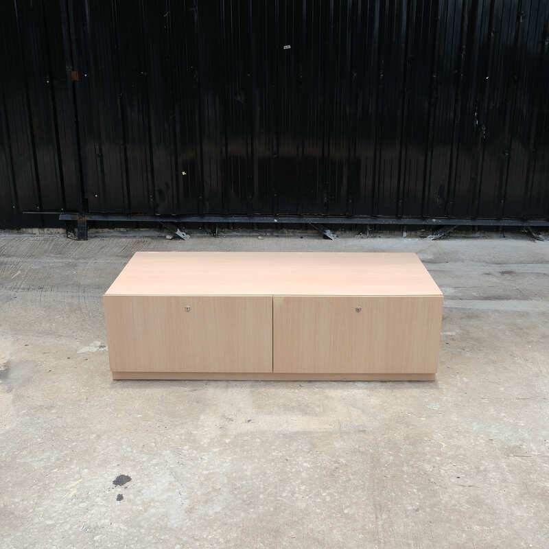 Multi-purpose storage cabinet, low shape, brown wood frame, wood pattern, 2 drawers.