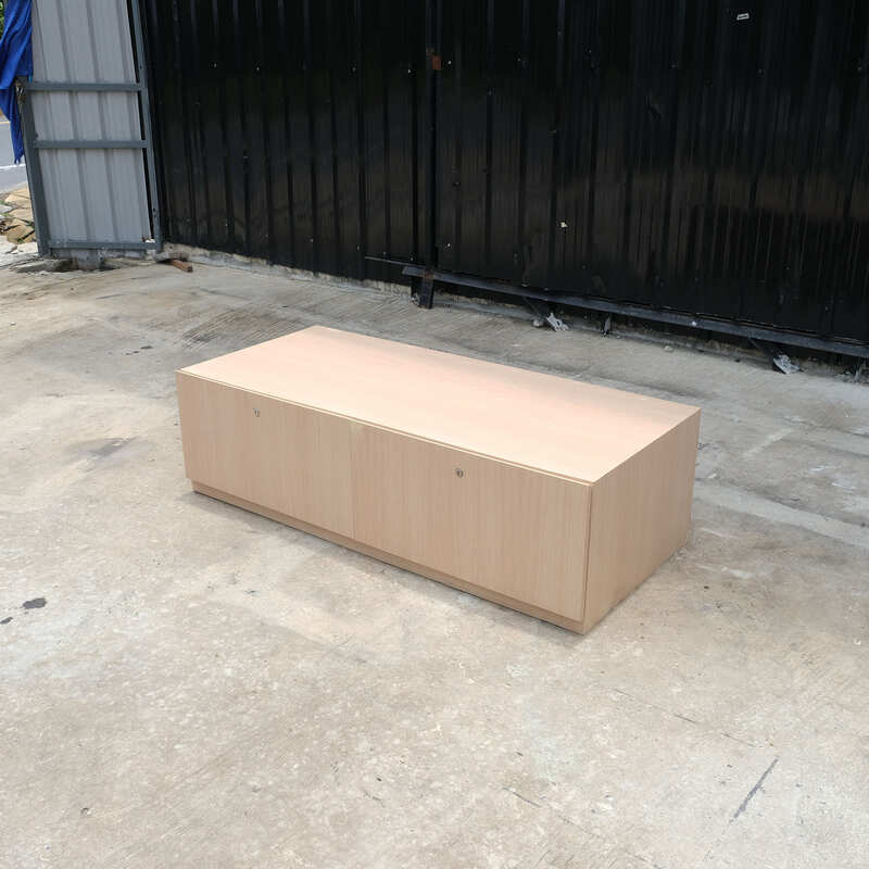 Multi-purpose storage cabinet, low shape, brown wood frame, wood pattern, 2 drawers.