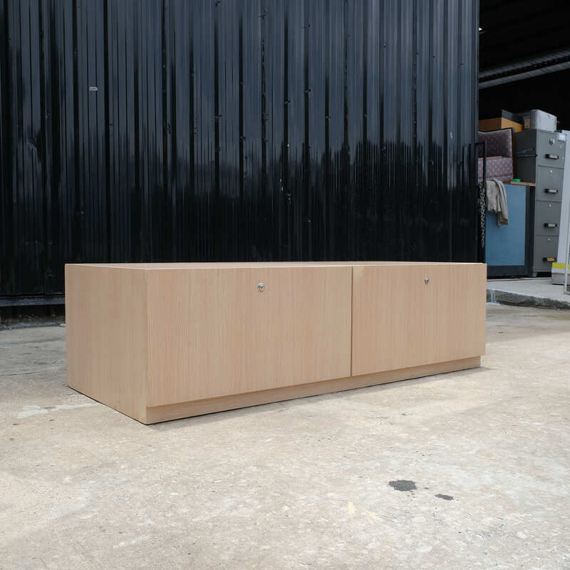 Multi-purpose storage cabinet, low shape, brown wood frame, wood pattern, 2 drawers.