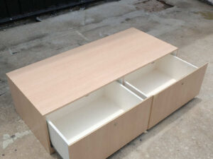 Multi-purpose storage cabinet, low shape, brown wood frame, wood pattern, 2 drawers.