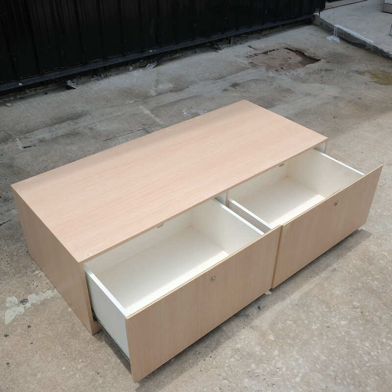 Multi-purpose storage cabinet, low shape, brown wood frame, wood pattern, 2 drawers.