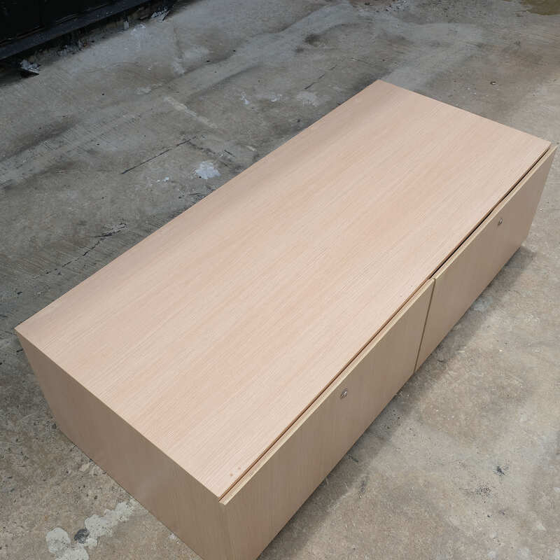 Multi-purpose storage cabinet, low shape, brown wood frame, wood pattern, 2 drawers.