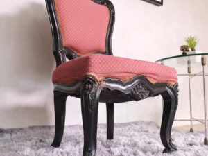 Chair with teak frame, red fabric cushion, beautiful Louis style design.