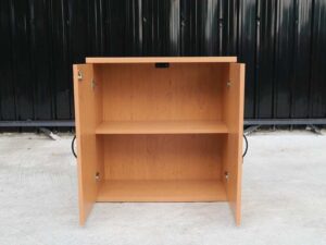 Wooden filing cabinet with 2 doors, black vertical handles