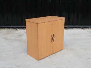 Wooden filing cabinet with 2 doors, black vertical handles