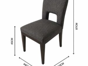 Wooden chair, dark gray fabric cushion, beautiful frame, cushioned backrest.