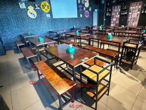 Wooden chairs for restaurants, bars, cafes, black steel frame.