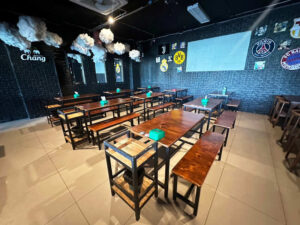 Wooden chairs for restaurants, bars, cafes, black steel frame.