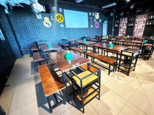 Wooden chairs for restaurants, bars, cafes, black steel frame.