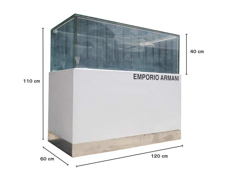 Jewelry cabinet, glass product display cabinet with 2 opening doors, white wooden frame, with LED lights along the edge of the glass.