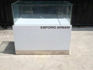 Jewelry cabinet, glass product display cabinet with 2 opening doors, white wooden frame, with LED lights along the edge of the glass.