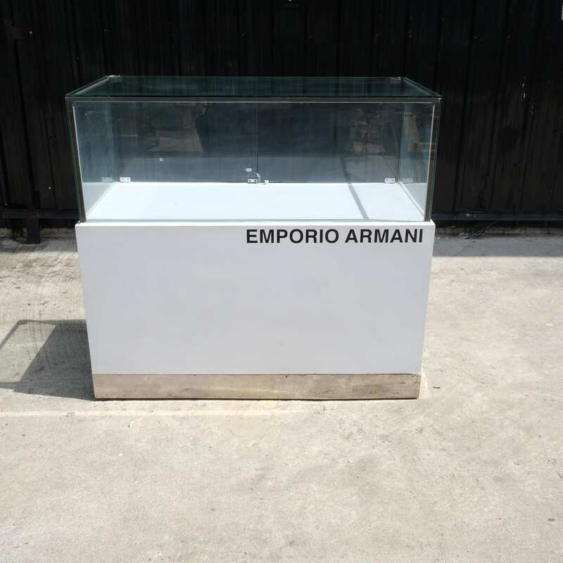 Jewelry cabinet, glass product display cabinet with 2 opening doors, white wooden frame, with LED lights along the edge of the glass.
