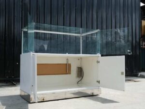 Jewelry cabinet, glass product display cabinet with 2 opening doors, white wooden frame, with LED lights along the edge of the glass.