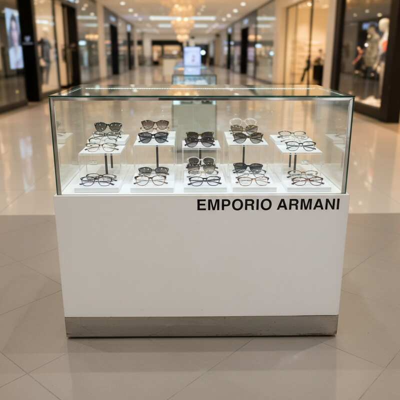 Jewelry cabinet, glass product display cabinet with 2 opening doors, white wooden frame, with LED lights along the edge of the glass.