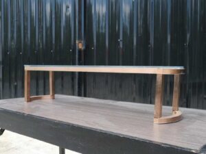 Display stand, display table (small), glass top, rose gold stainless steel frame.
