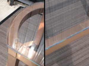 Display stand, display table (small), glass top, rose gold stainless steel frame.