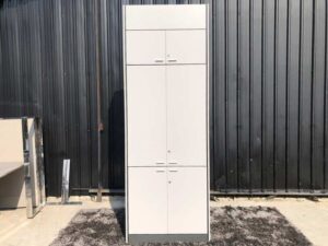 Tall file cabinet, wooden frame, light gray