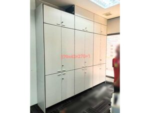 Tall file cabinet, wooden frame, light gray