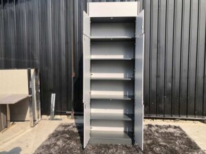 Tall file cabinet, wooden frame, light gray