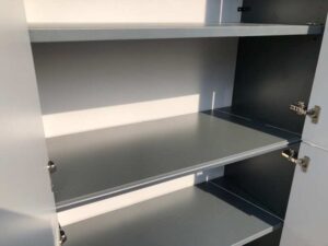 Tall file cabinet, wooden frame, light gray