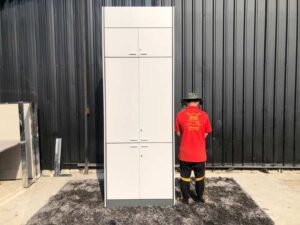 Tall file cabinet, wooden frame, light gray