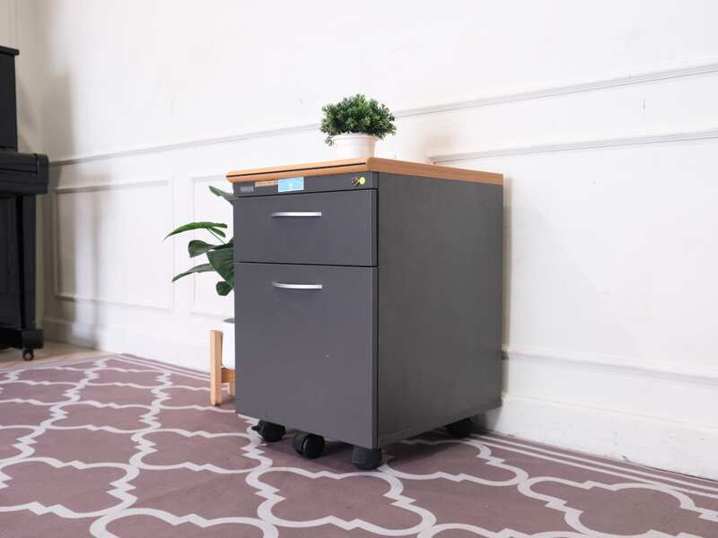 Wooden filing cabinet, 2 drawers, gray color, wooden top