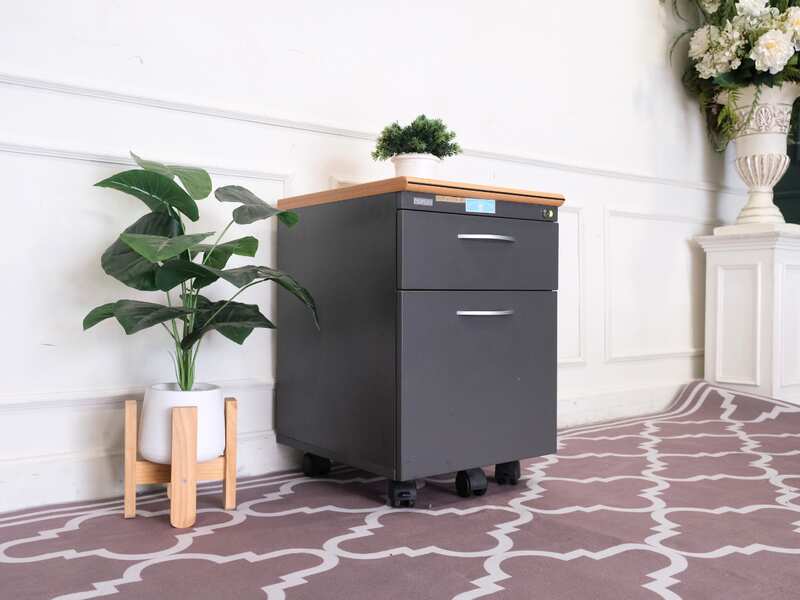 Wooden filing cabinet, 2 drawers, gray color, wooden top