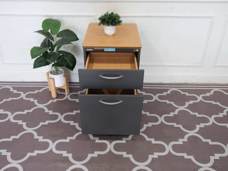 Wooden filing cabinet, 2 drawers, gray color, wooden top
