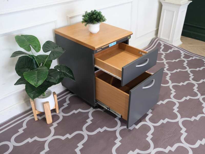 Wooden filing cabinet, 2 drawers, gray color, wooden top