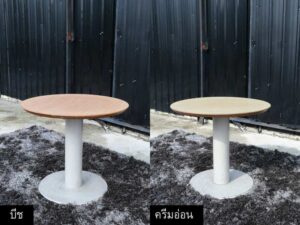 Round table, white steel legs, wooden top, light cream/beech wood color.